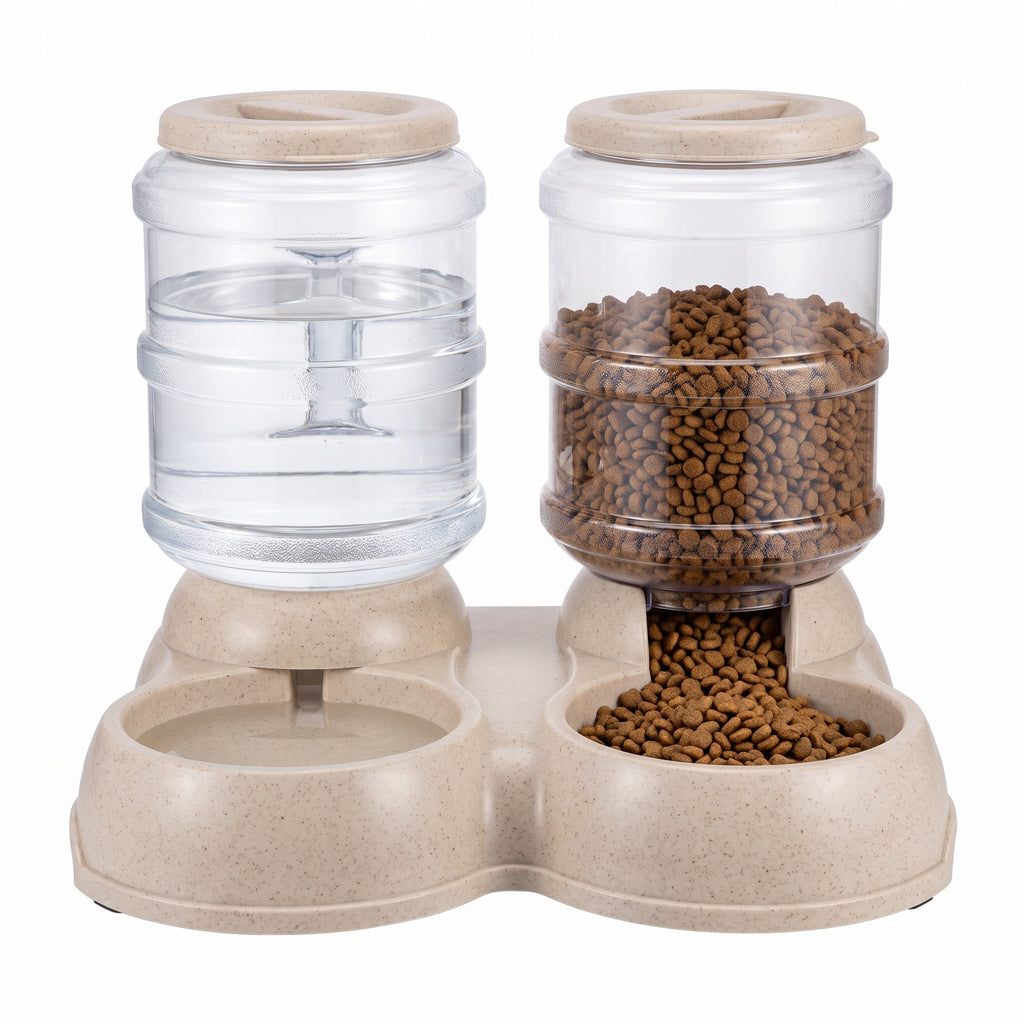 Furdew Automatic Pet Feeder and Water Dispenser Double Bowl Wide Food Outlet Beige