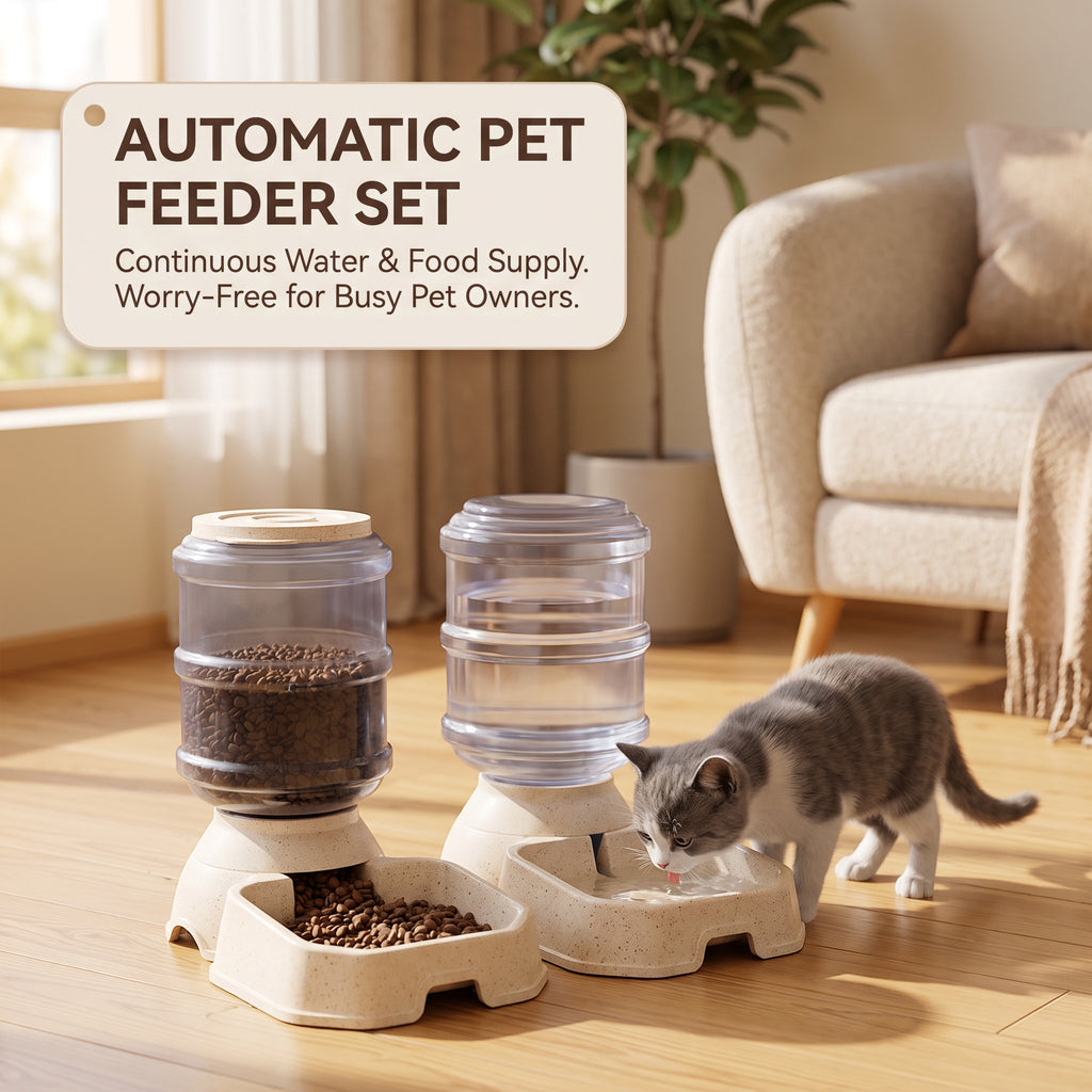 Furdew Automatic Pet Feeder and Water Dispenser Double Bowl Wide Food Outlet Beige