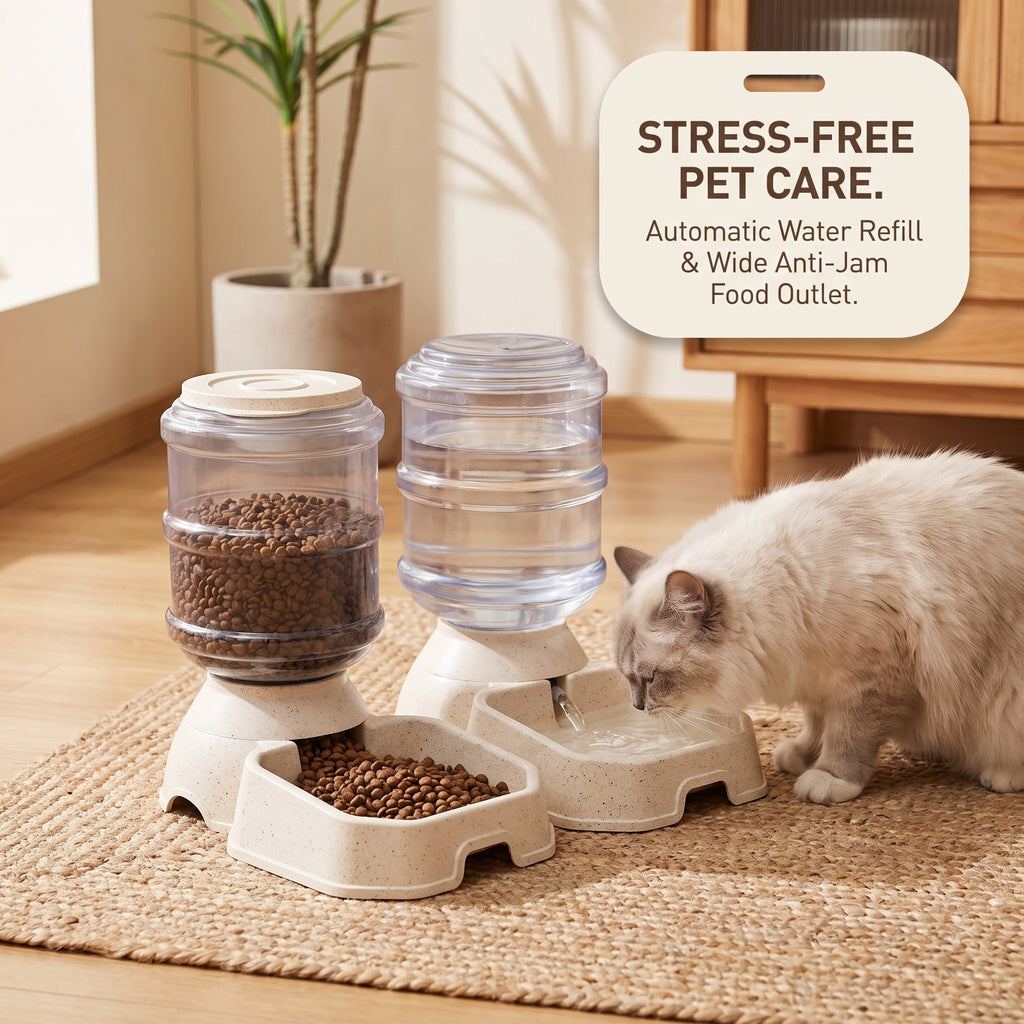 Furdew Automatic Pet Feeder and Water Dispenser Double Bowl Wide Food Outlet Beige