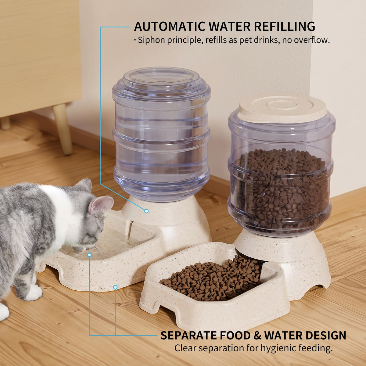Furdew Automatic Pet Feeder and Water Dispenser Double Bowl Wide Food Outlet Beige