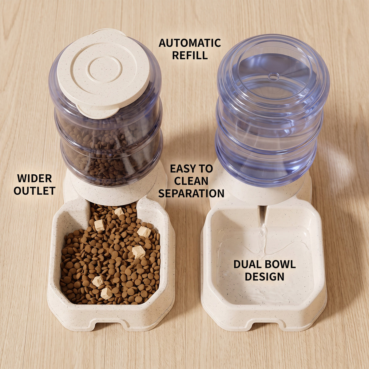 Furdew Automatic Pet Feeder and Water Dispenser Double Bowl Wide Food Outlet Beige
