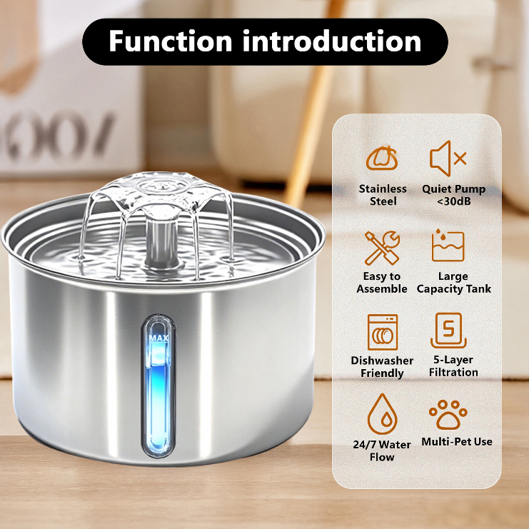 Furdew Smart Fountain | 3L Stainless Steel, Ultra-Quiet Circulating Water for Cats & Dogs