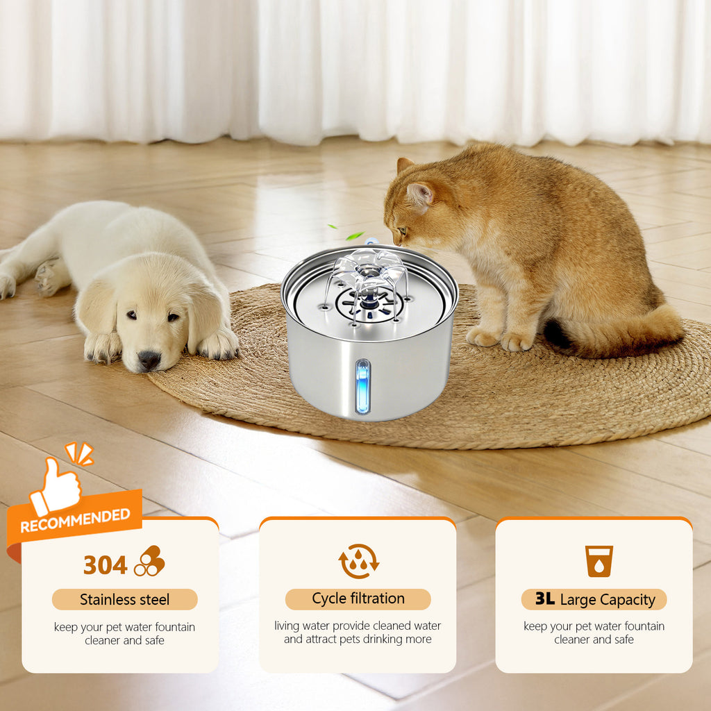 Furdew Smart Fountain | 3L Stainless Steel, Ultra-Quiet Circulating Water for Cats & Dogs