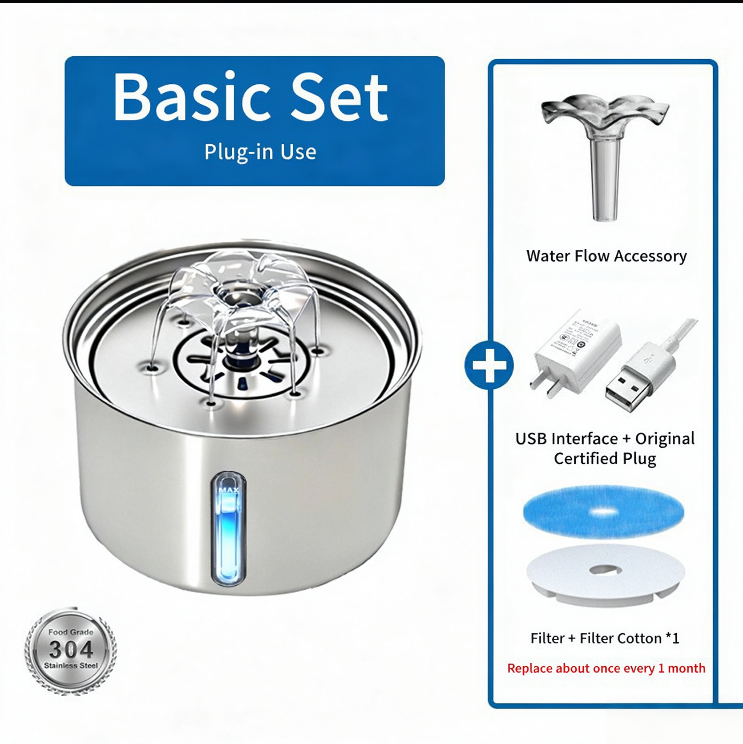Furdew Smart Fountain | 3L Stainless Steel, Ultra-Quiet Circulating Water for Cats & Dogs